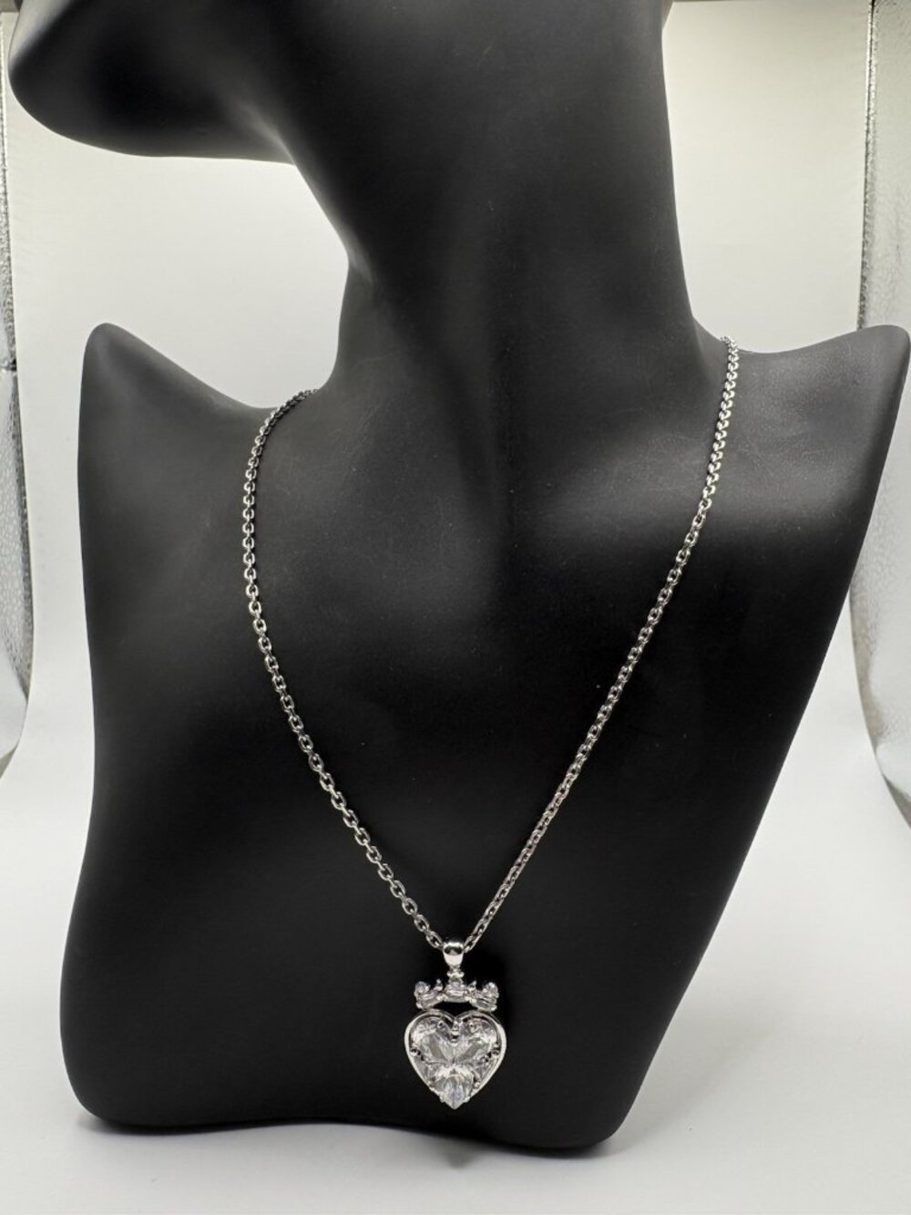 Y2K Juicy Couture Crystal Rhinestone Heart Crown Pendant Necklace Silver Tone